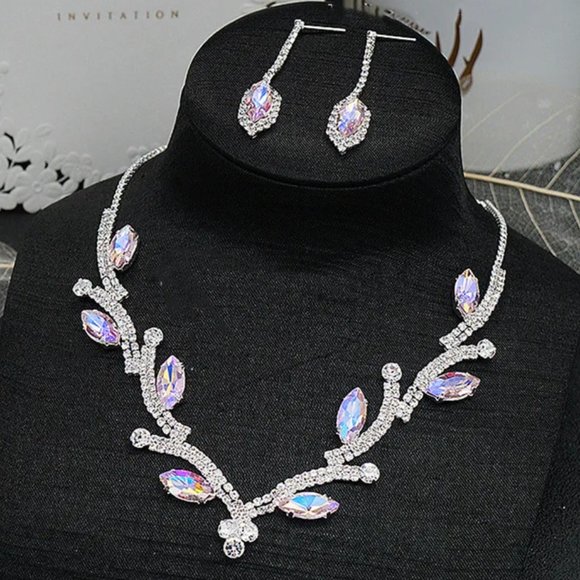 Prom Pageant Bridal Jewelry - AB Crystal & White Rhinestone Rhinestone Necklace Set